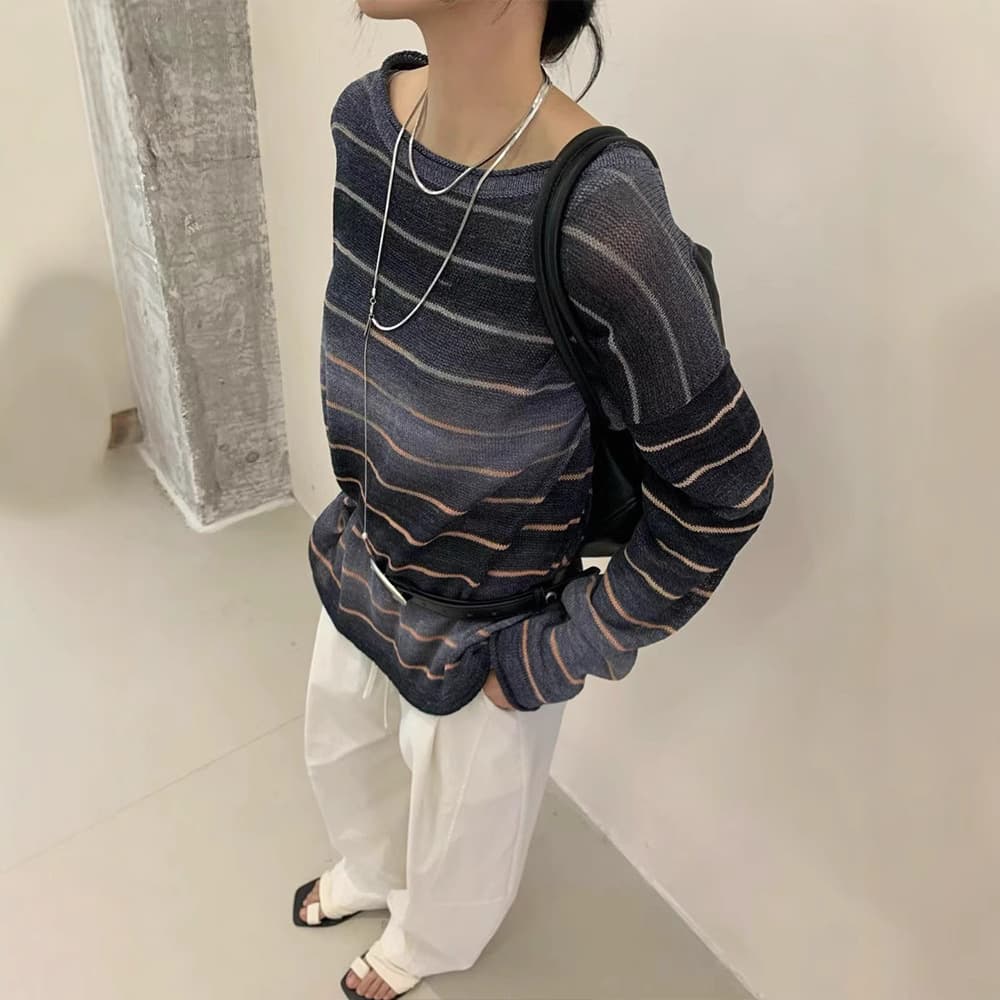 ボーダー服 優美ボーダー薄手長袖ニット
