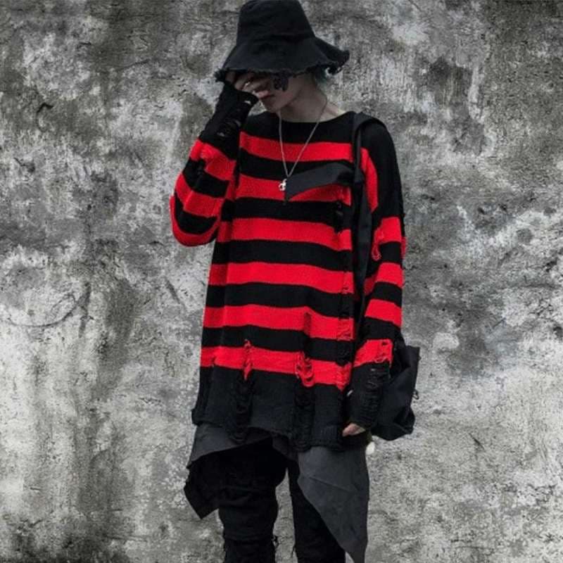 ダメージ加工ボーダーオーバーサイズニット ボーダー服