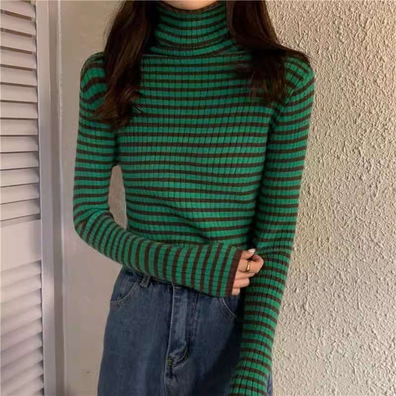 リブ編みボーダータートルネックセーター ボーダー服