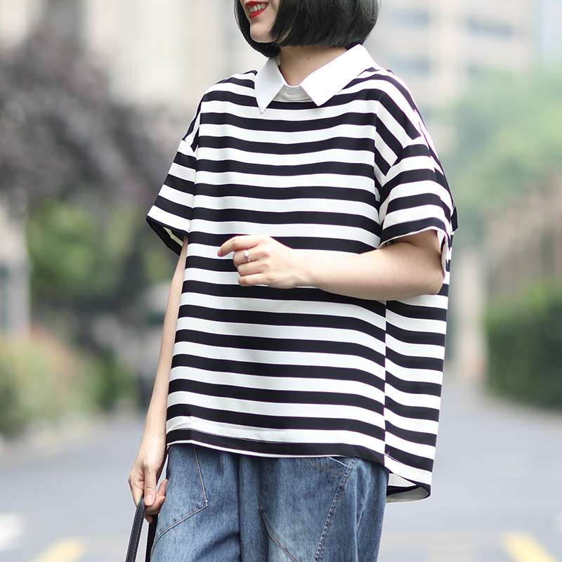 オーバーサイズポロカラーボーダートップス ボーダー服