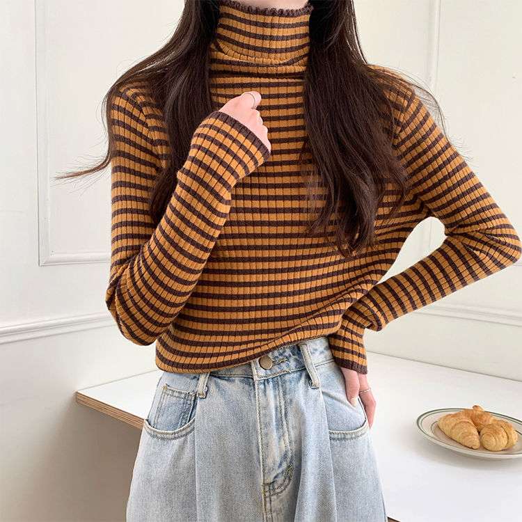 リブニット ボーダー タートルネック トップス ボーダー服