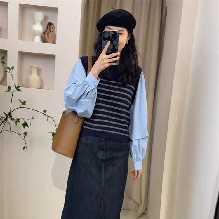 バルーン袖ボーダーニットベストシャツ ボーダー服