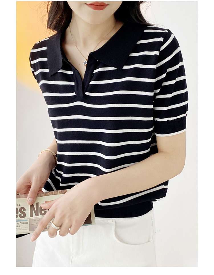 シンプル上品 夏のマリンスタイルポロシャツ ボーダー服