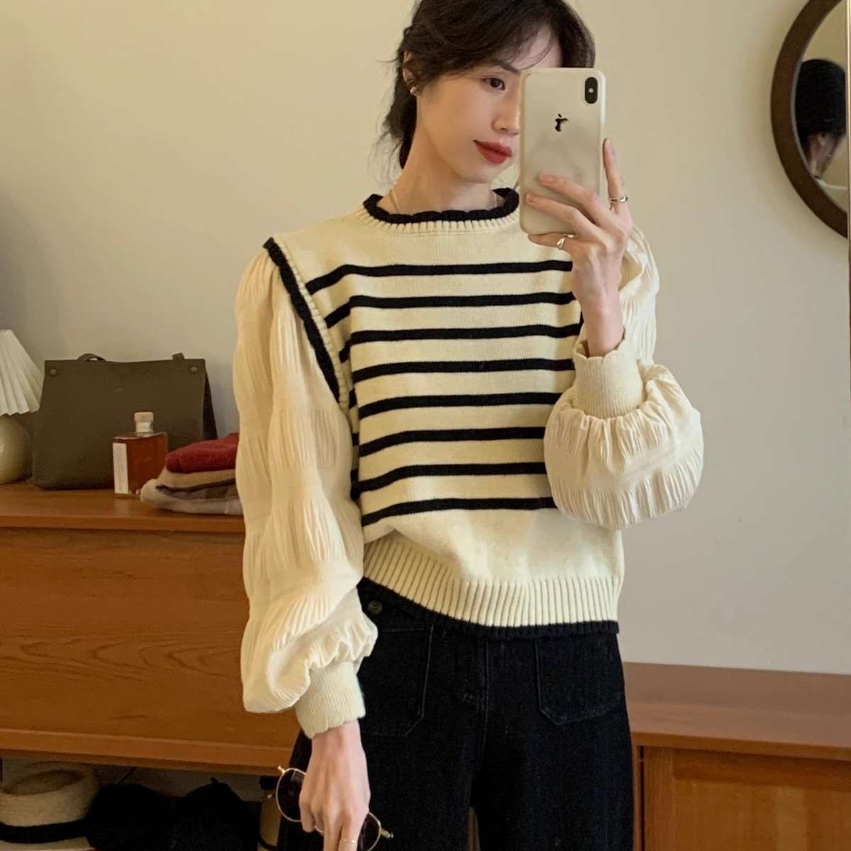 パフスリーブボーダーニット ボーダー服