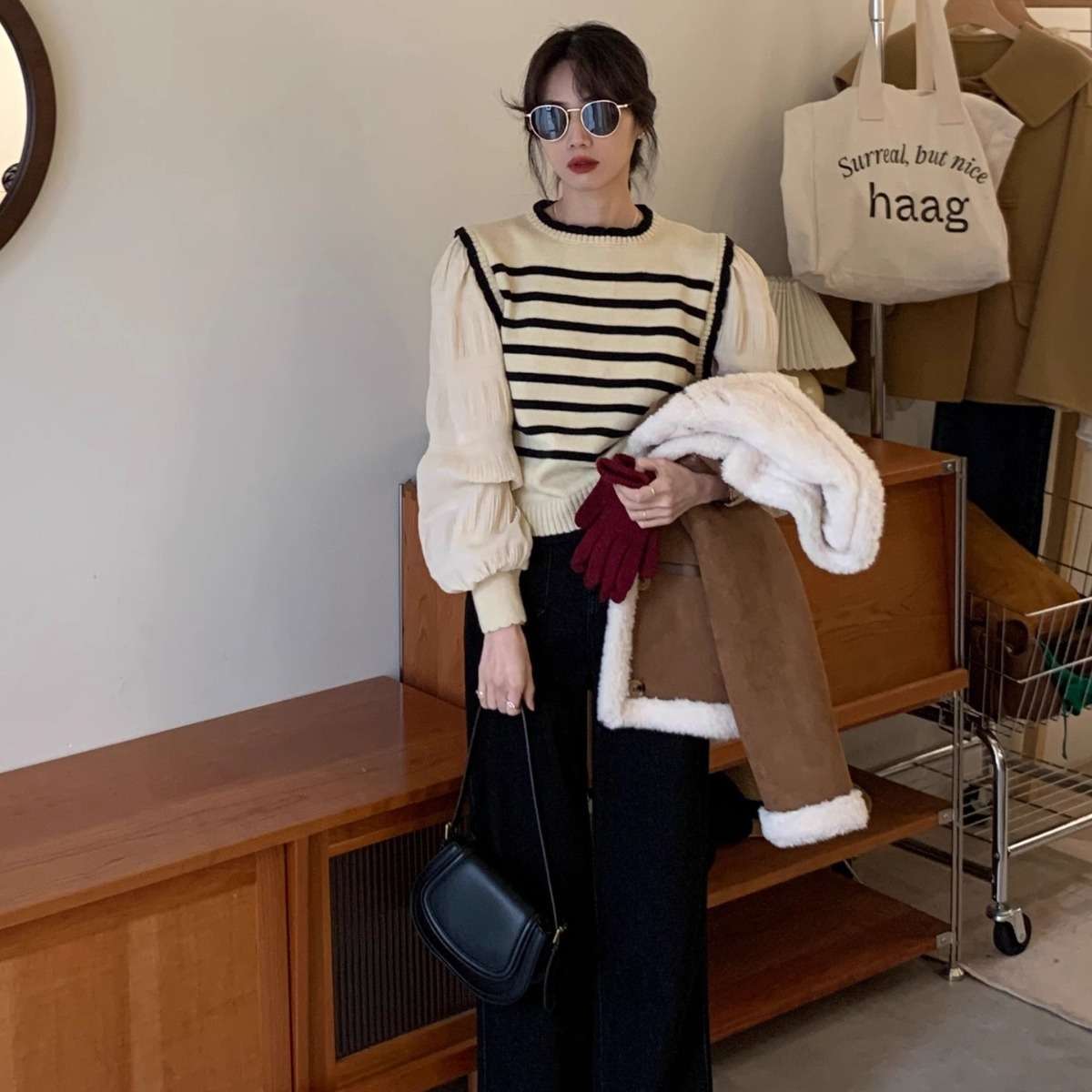 パフスリーブボーダーニット ボーダー服