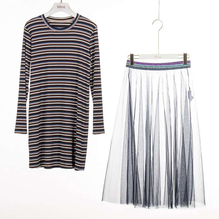 マルチボーダー柄ニットワンピース ボーダー服
