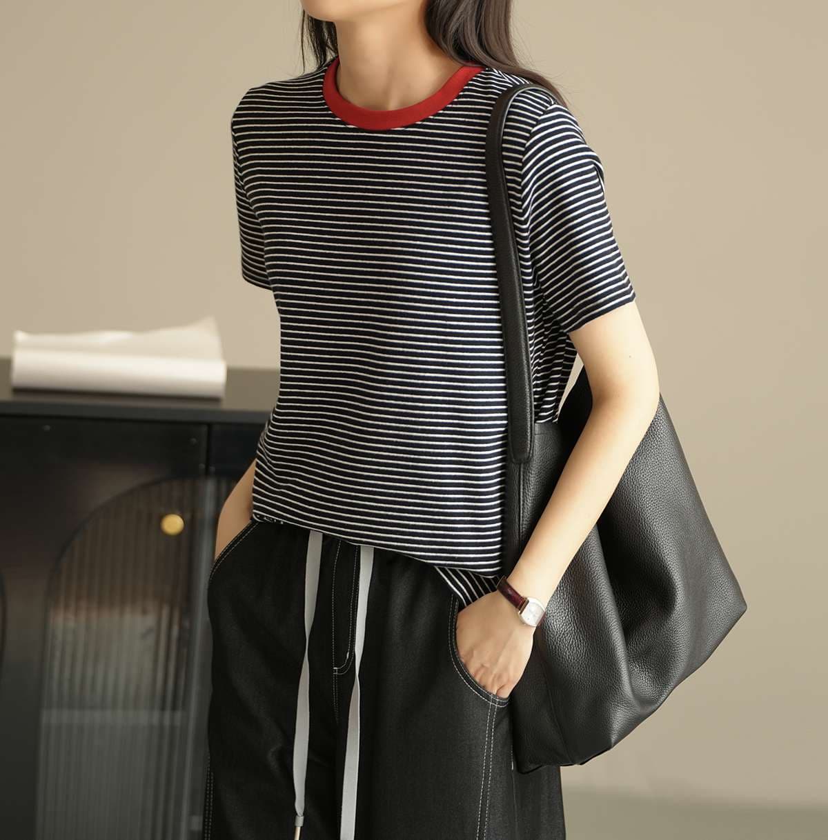 コントラスト襟 ボーダー柄 半袖Tシャツ ボーダー服