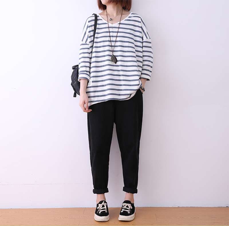 ゆったりボーダー柄長袖カットソー ボーダー服