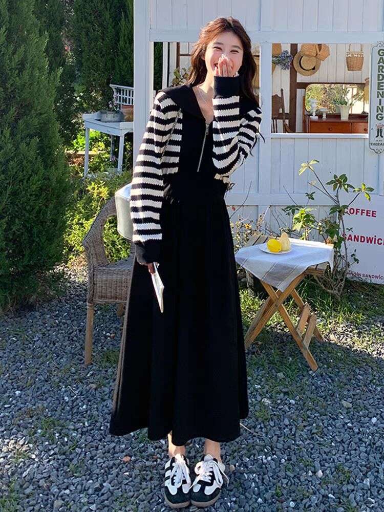 ボーダーニット長袖ジッパーワンピース ボーダー服