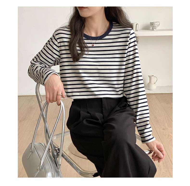 シンプルボーダーカットソー長袖Tシャツ ボーダー服