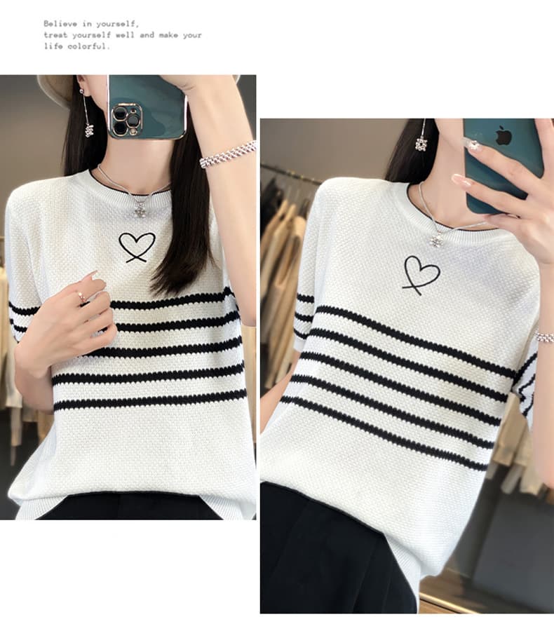 ボーダー ハートモチーフ ボーダーニットTシャツ