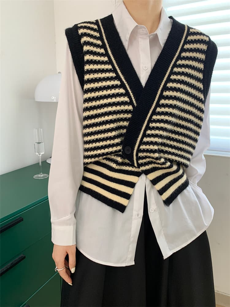 ボーダー服 レトロボーダーニットベスト袖なし深緑