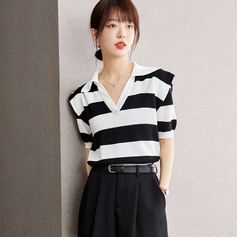 モダンストライプ Vネックニットポロ ボーダー服