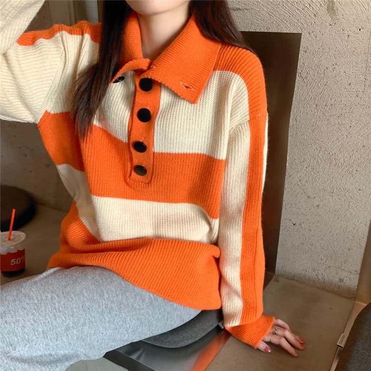 ボーダー服 ボーダー襟付きニットセーター ゆったり暖か