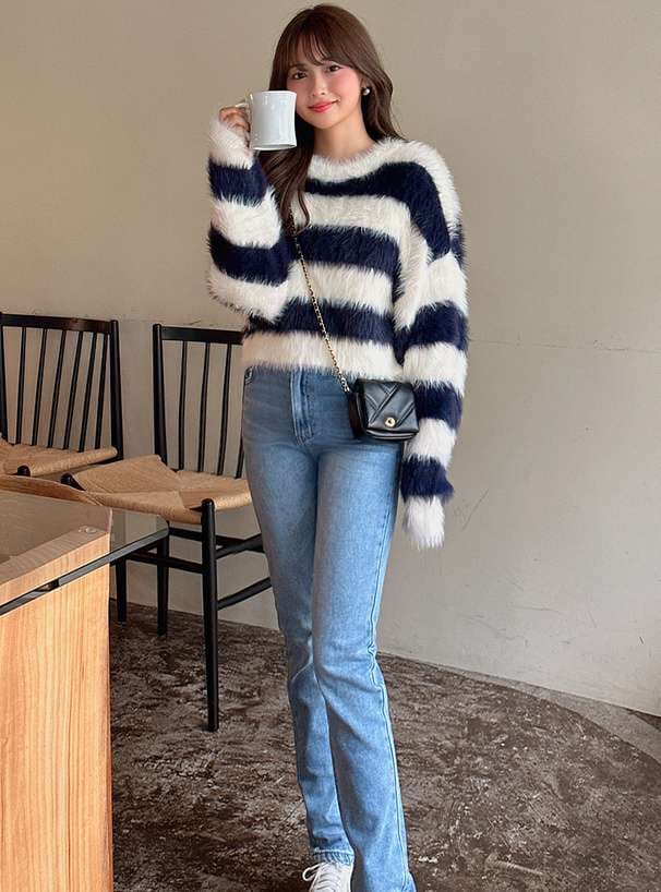 もこもこボーダーニットセーター ボーダー服