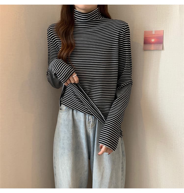 ボーダー服タートル 暖かい厚手ボーダー長袖シャツ