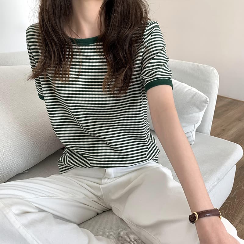 ボーダー服 バイカラー配色ボーダーニットシャツ