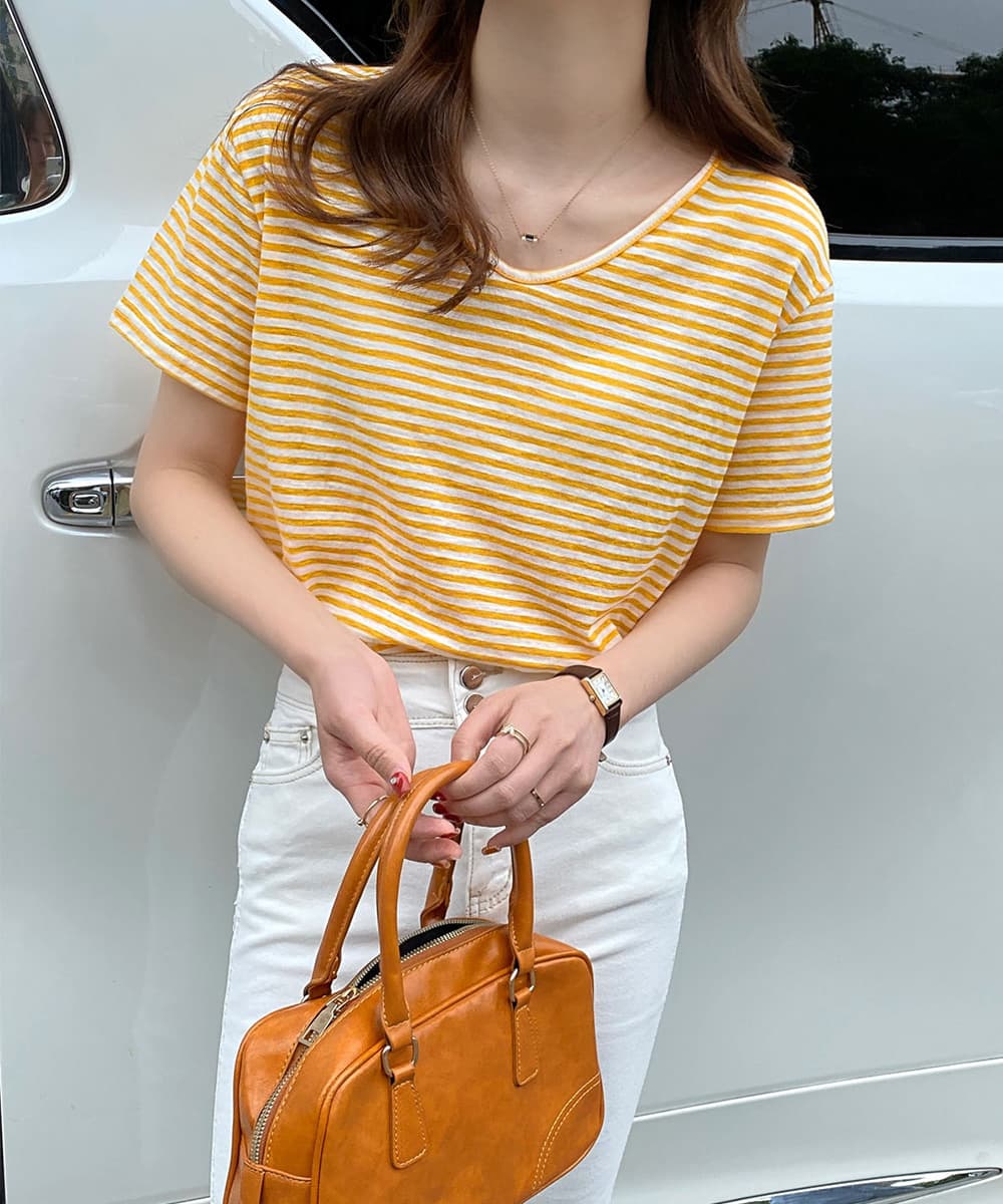 ボーダー服 Tシャツ ボーダー柄半袖Tシャツ Vネック夏用薄手トップス