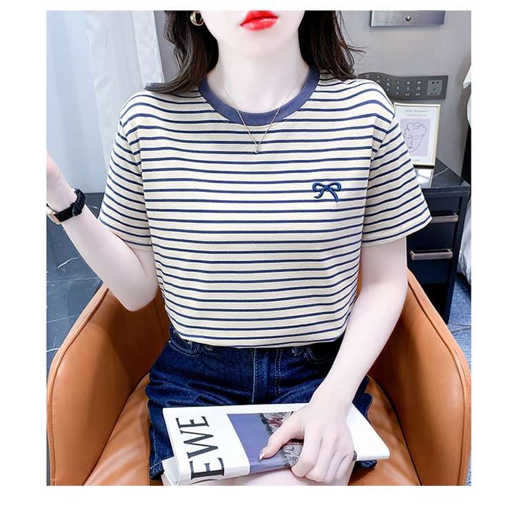 リボン刺繍入りマリンボーダーTシャツ ボーダー服