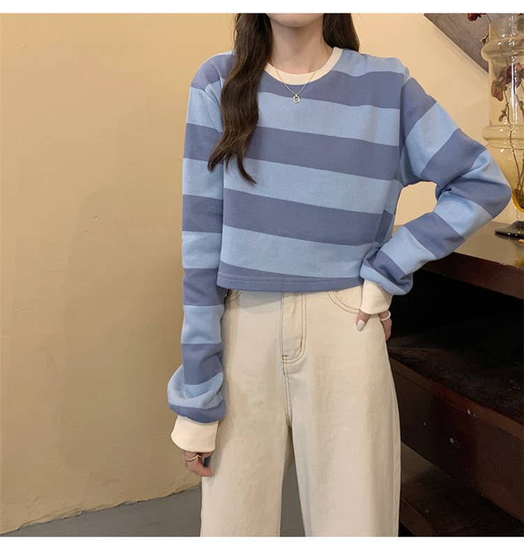 ボーダー服 Tシャツ ボーダー柄 丸首ショート丈Tシャツ長袖レディース