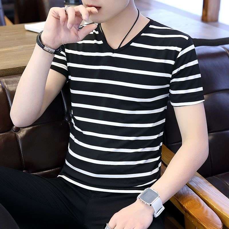 Vネック ボーダー柄 半袖Tシャツ ボーダー服