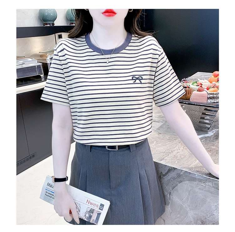 リボン刺繍入りマリンボーダーTシャツ ボーダー服