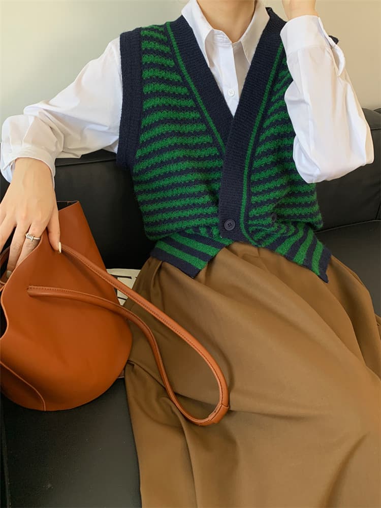 ボーダー服 レトロボーダーニットベスト袖なし深緑