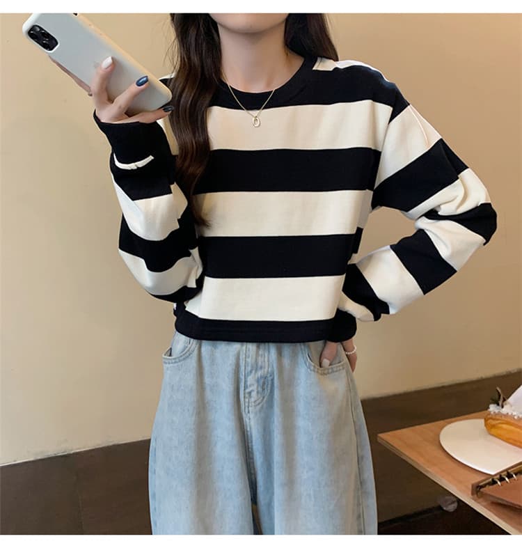 ボーダー服 Tシャツ ボーダー柄 丸首ショート丈Tシャツ長袖レディース