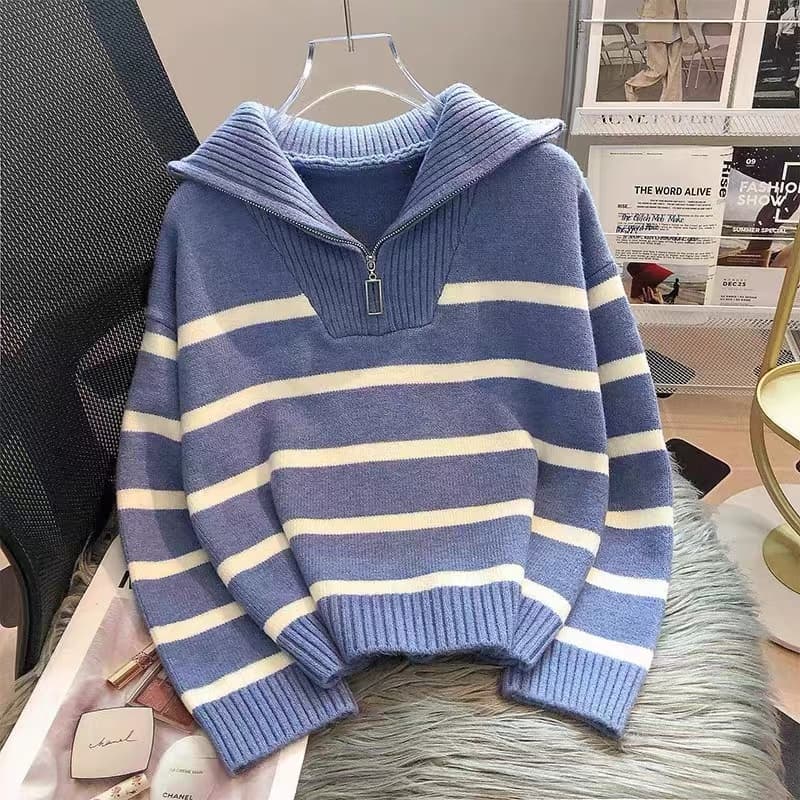 ボーダー服 ハーフジップ ボーダーニットトップス