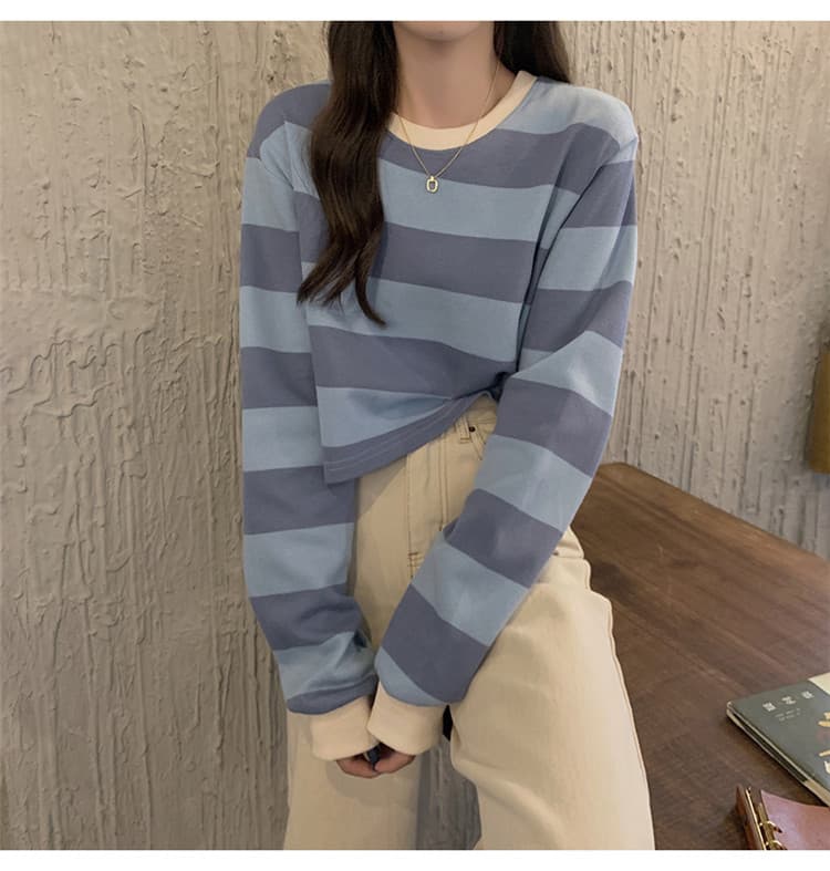 ボーダー服 Tシャツ ボーダー柄 丸首ショート丈Tシャツ長袖レディース