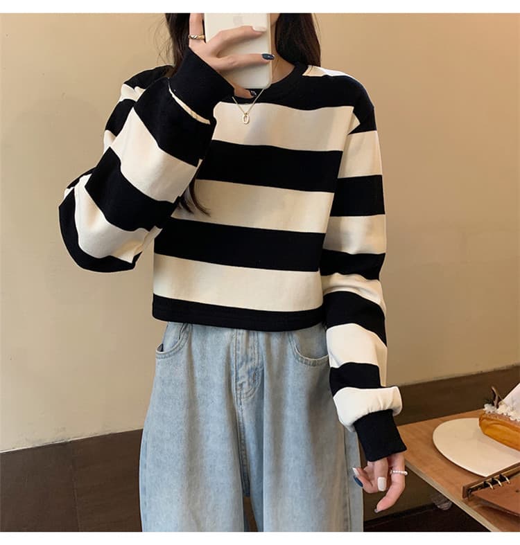 ボーダー服 Tシャツ ボーダー柄 丸首ショート丈Tシャツ長袖レディース