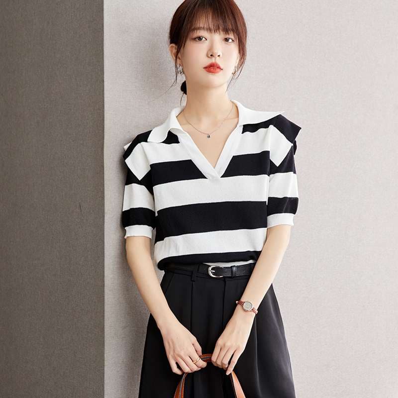 モダンストライプ Vネックニットポロ ボーダー服