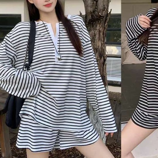 ボーダー柄ゆったりニットセットアップ ボーダー服