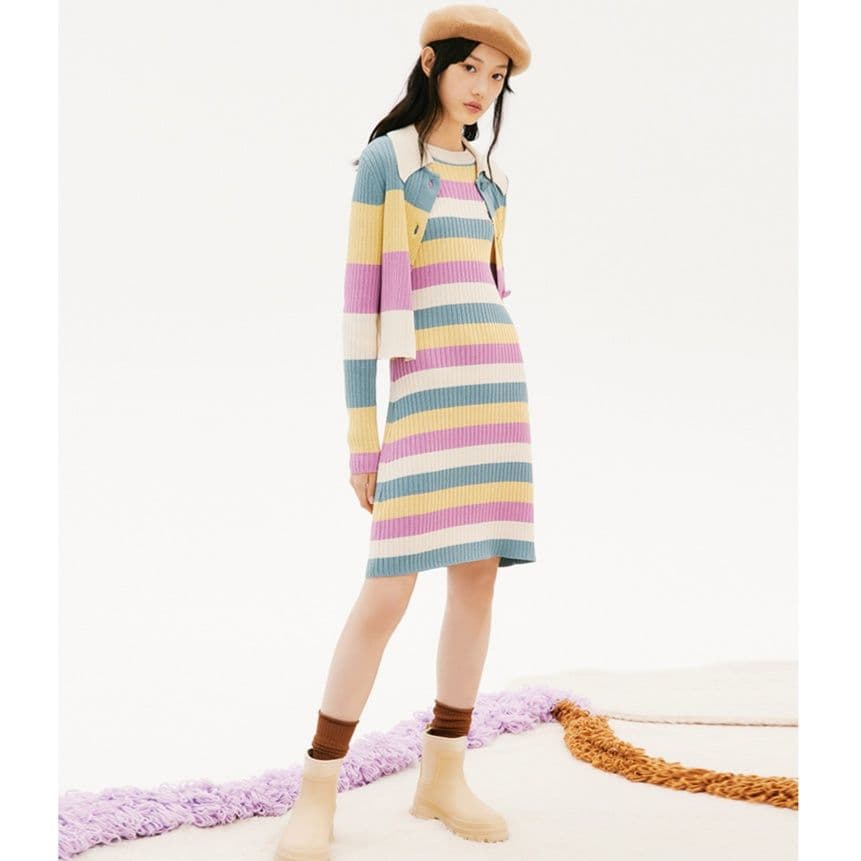 ボーダー服 ボーダー服 優しい印象の縞模様リブニットワンピース