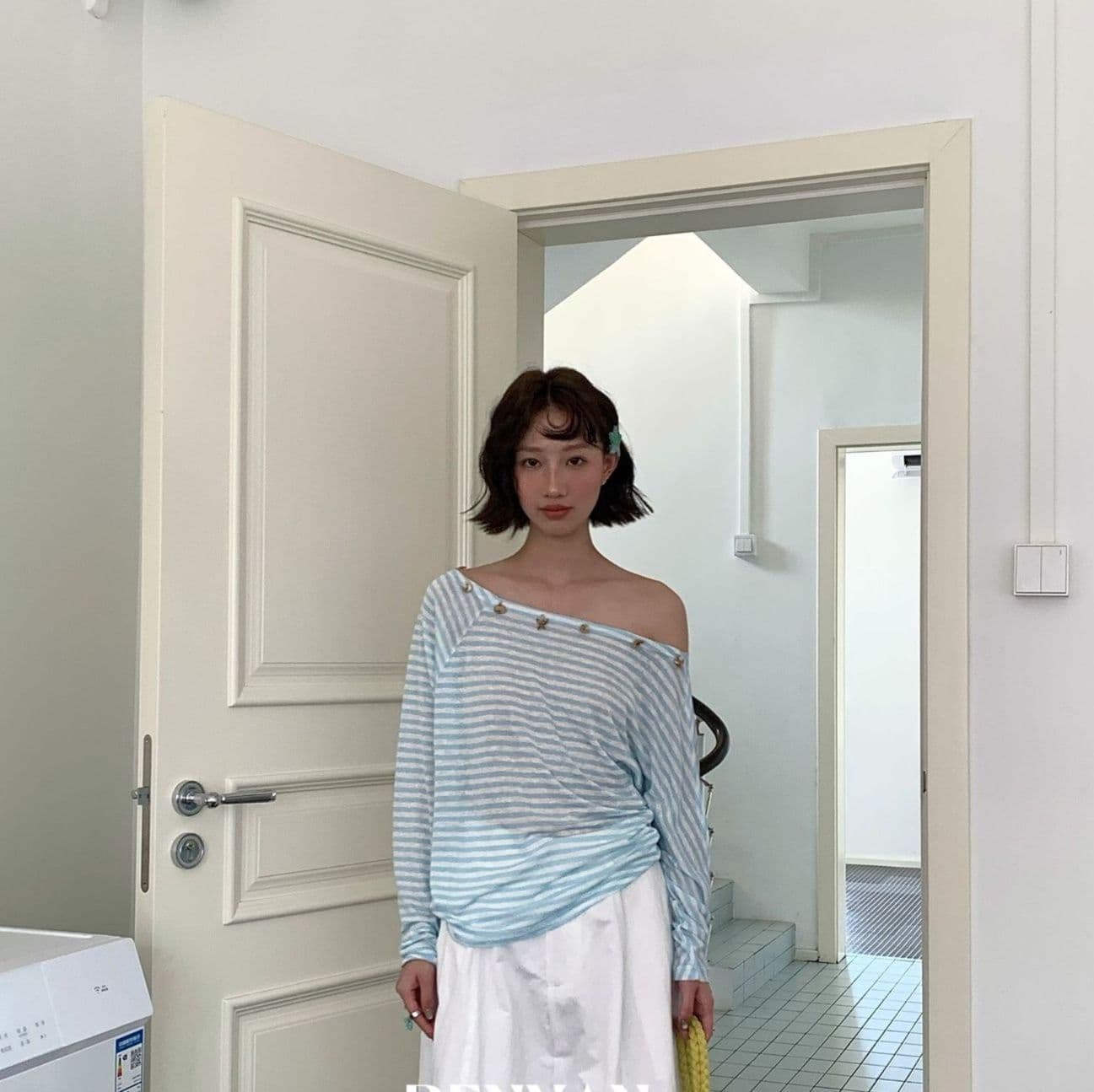 ボーダー服 貝殻装飾ワンショルダーボーダー