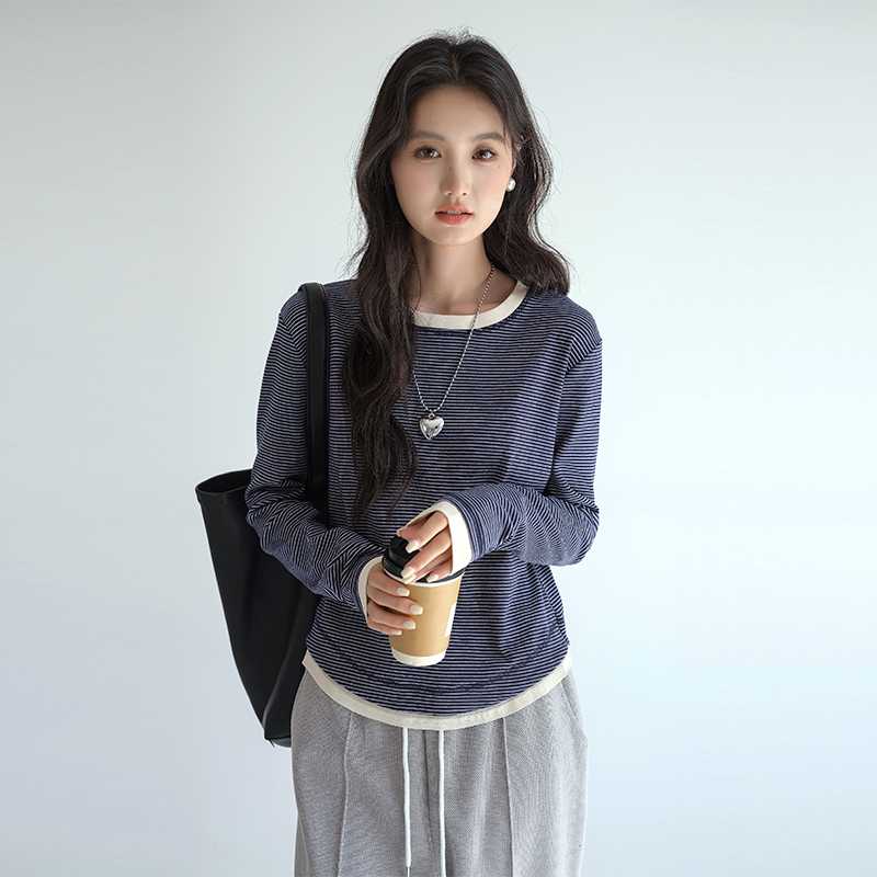 ボーダー服 シンプル細ボーダー リブ仕立てロングスリーブ