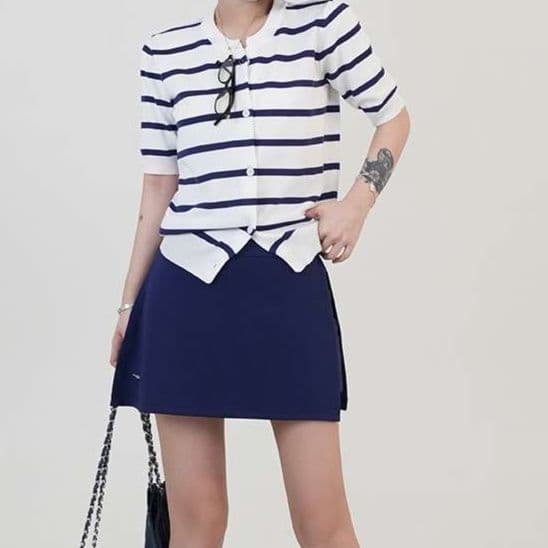ボーダー柄半袖ニットカーディガン ボーダー服