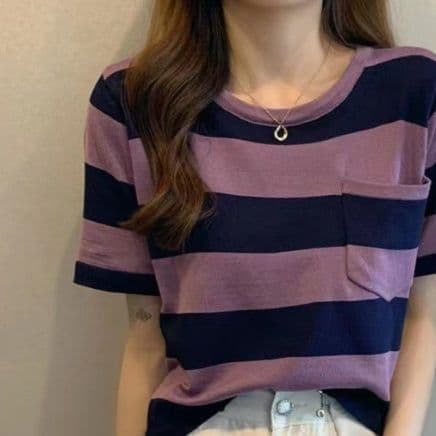 ボーダー服 Tシャツ レディース半袖太ボーダーTシャツゆったり体型カバートップス