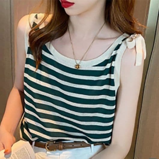 ボーダー服 タンクトップ ボーダー柄ニットタンクトップ 肩紐リボン付きキャミソール