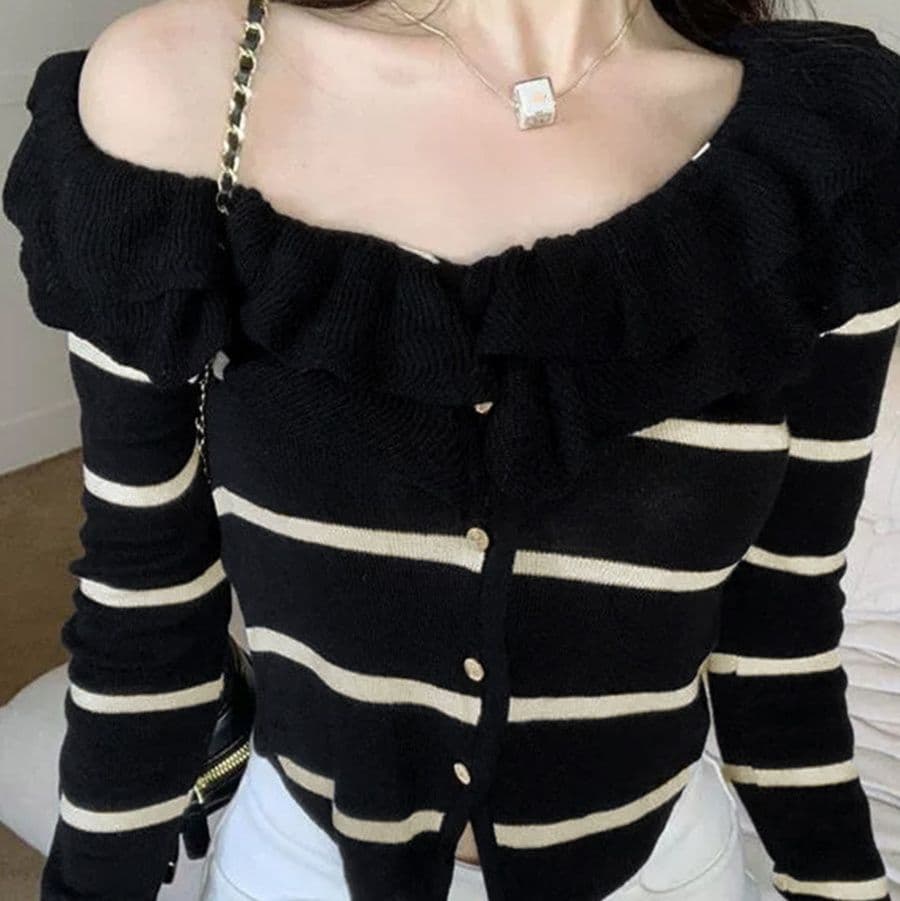 ボーダー服 フリル襟ニットカーディガン ボーダー柄長袖秋服