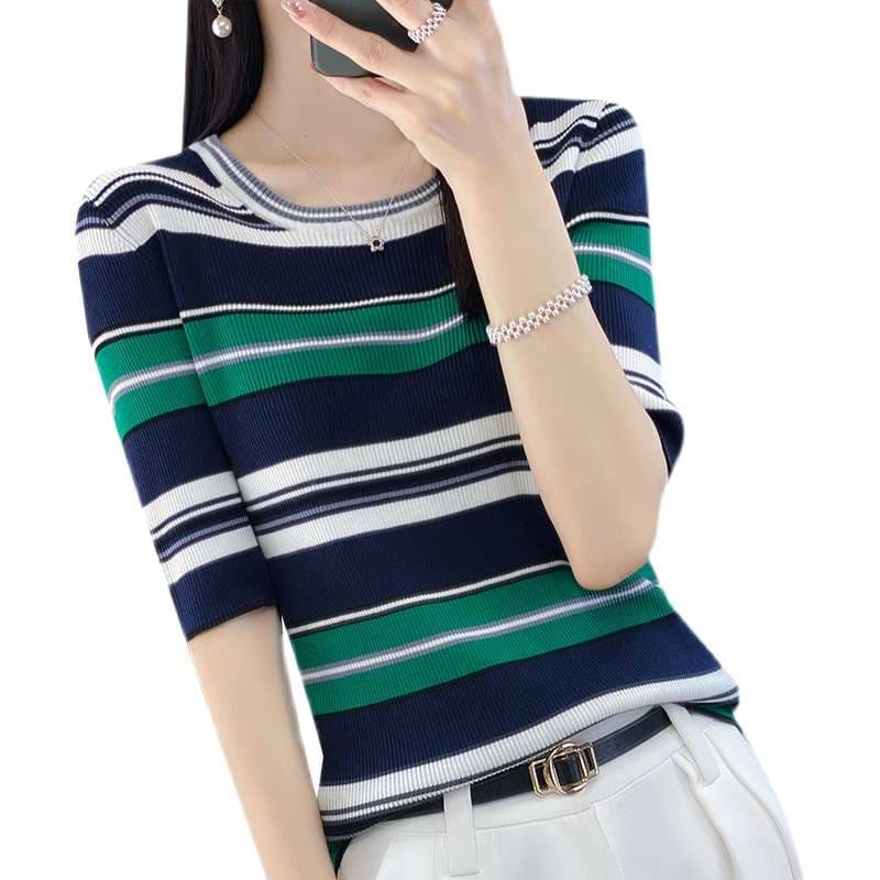 マルチボーダー柄リブニットセーター ボーダー服