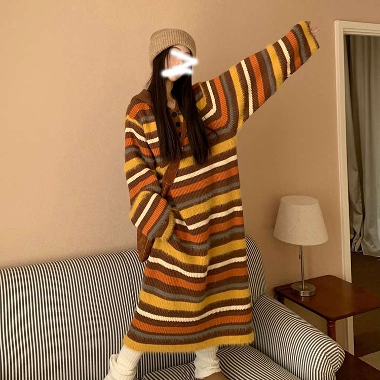 秋色ボーダーニットワンピース ボーダー服
