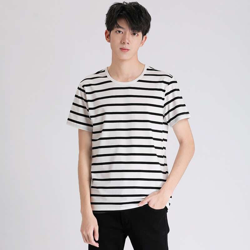 しなやかな縞模様クルーネック半袖Tシャツ ボーダー服