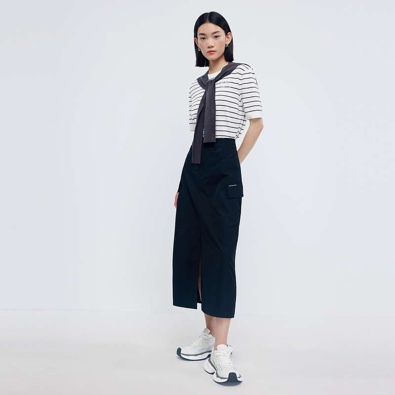 ボーダー柄半袖ニットとロングスカートの上下セット ボーダー服