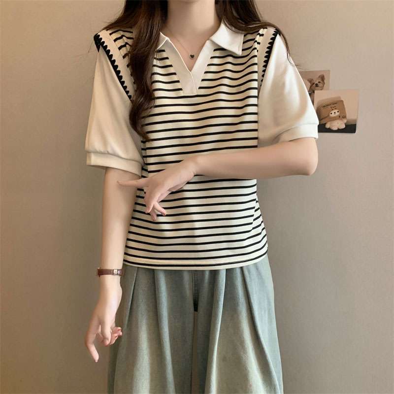 ボーダー柄ニットベスト重ね着風ポロシャツ ボーダー服