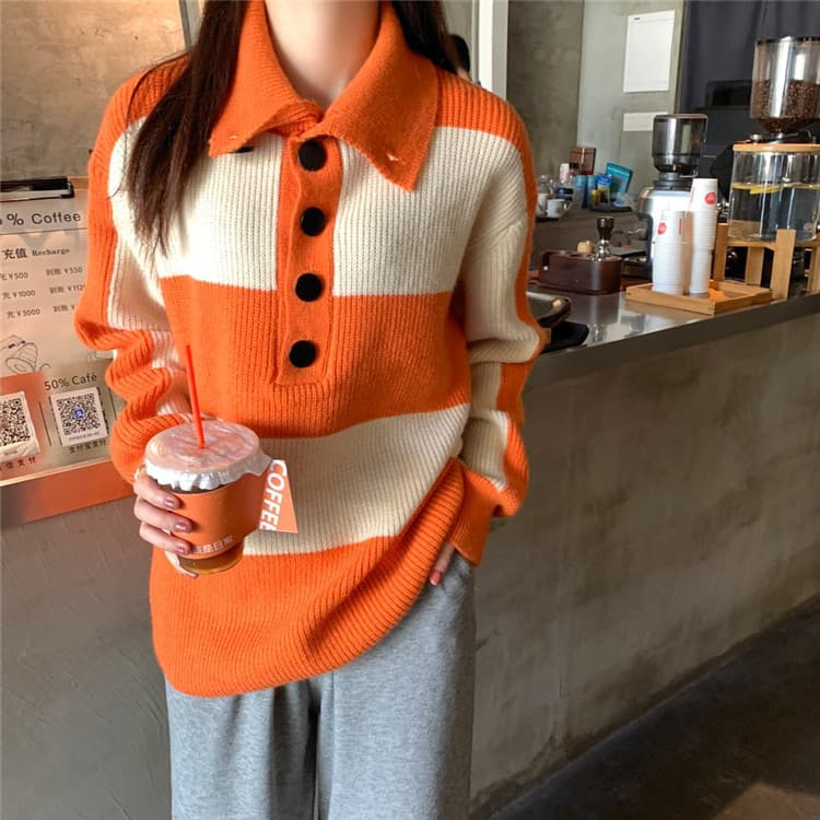 ボーダー服 ボーダー襟付きニットセーター ゆったり暖か