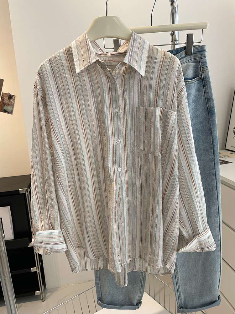 マルチストライプオーバーサイズシャツ ボーダー服
