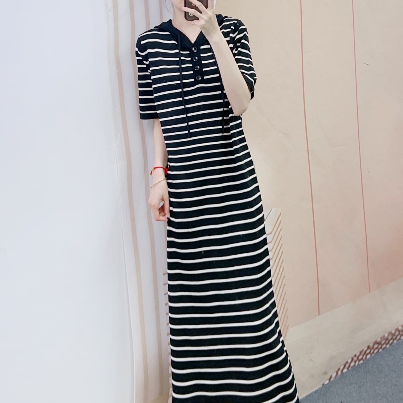 ボーダー服 フード付きボーダーニットワンピース