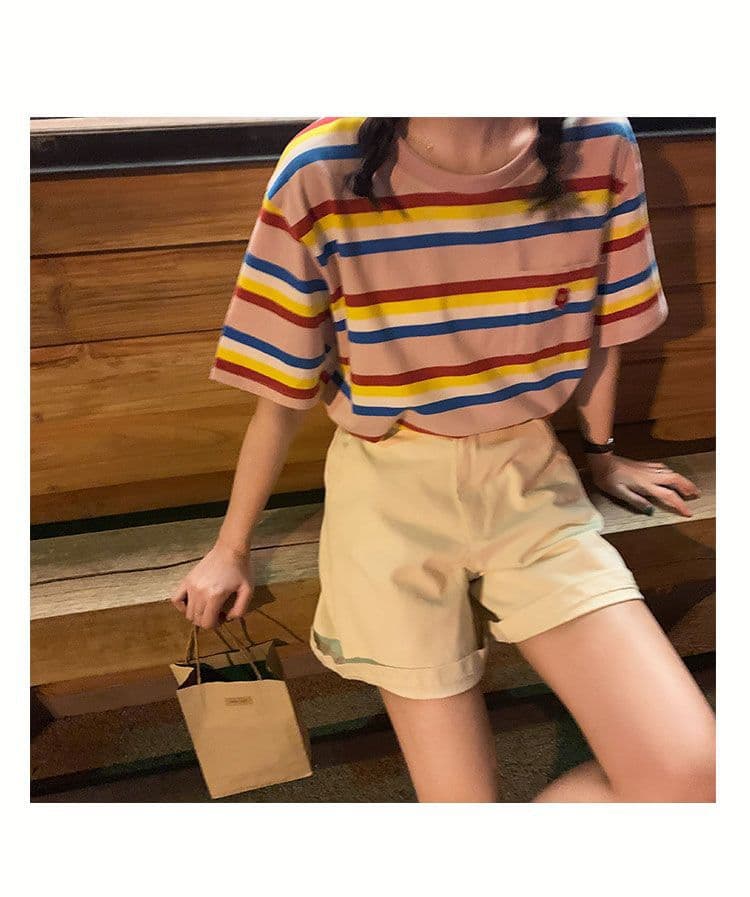 ボーダー服 Tシャツ レディース虹色ボーダー柄Tシャツ五分袖ゆったりシルエット
