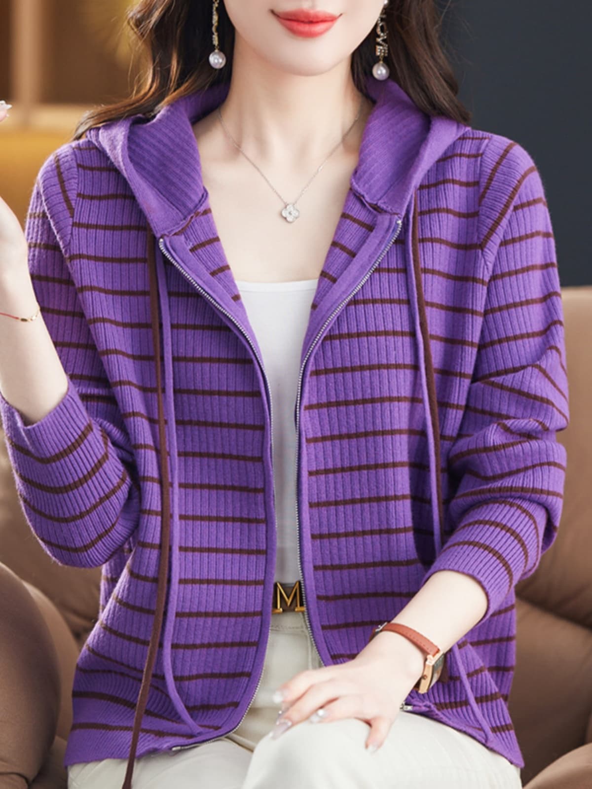 ボーダー服 フード付きボーダー柄リブニットカーディガン